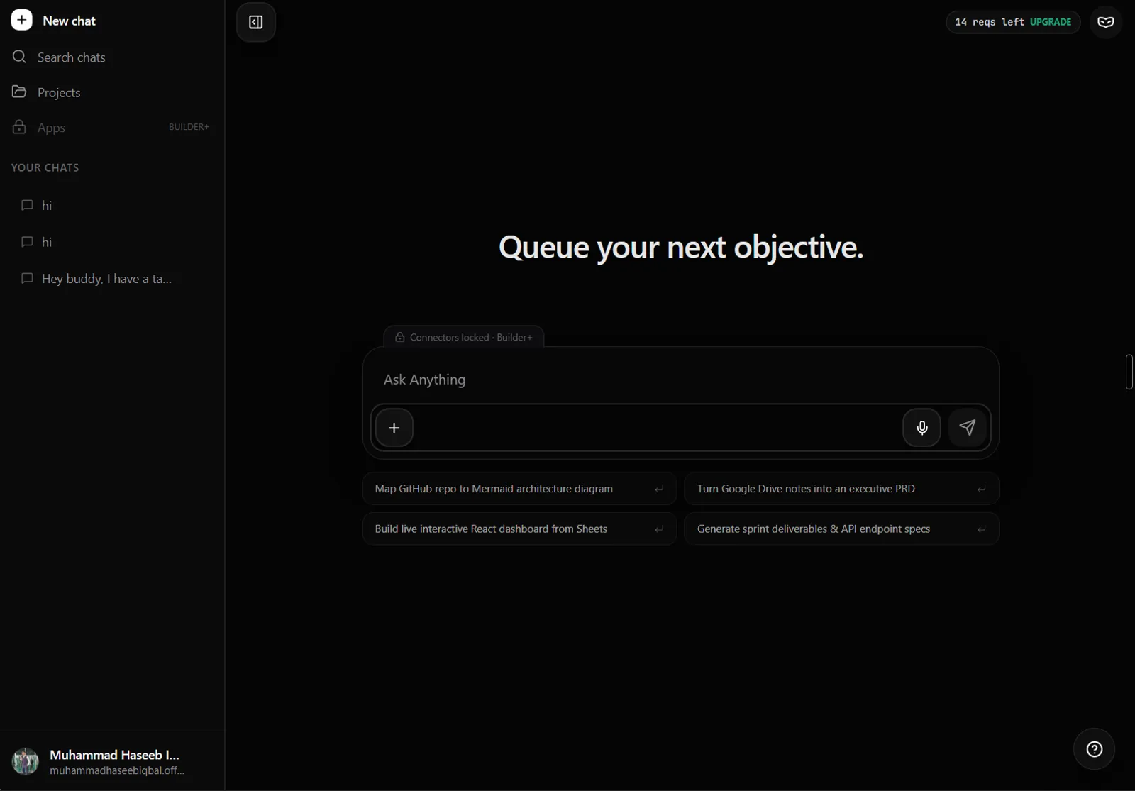 The full QueueAI workspace: chat sidebar, composer, suggested objectives, and account controls.